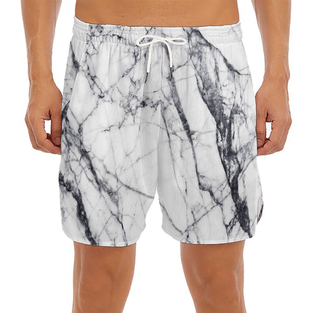 White Gray Scratch Marble Print Men's Split Running Shorts