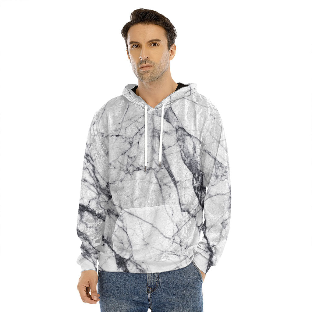 White Gray Scratch Marble Print Men's Velvet Pullover Hoodie