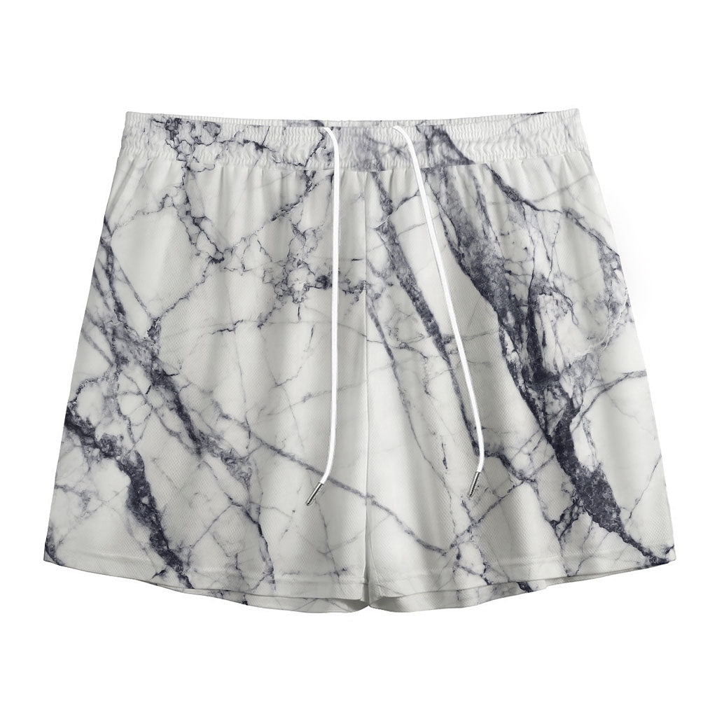 White Gray Scratch Marble Print Mesh Shorts