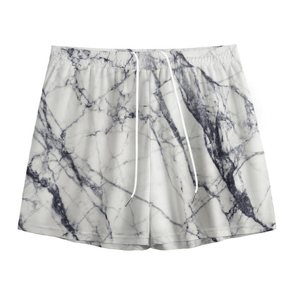 White Gray Scratch Marble Print Mesh Shorts