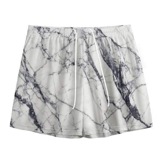 White Gray Scratch Marble Print Mesh Shorts