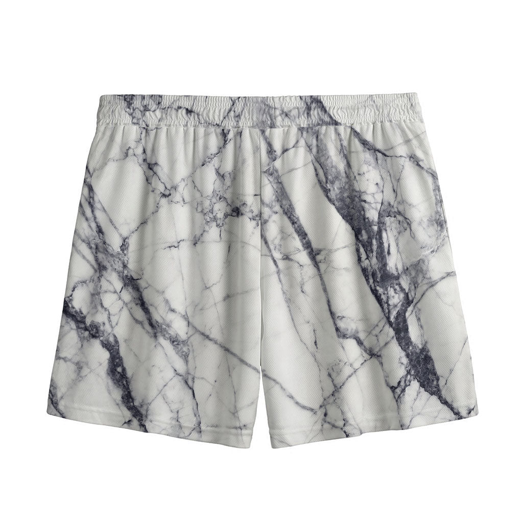 White Gray Scratch Marble Print Mesh Shorts
