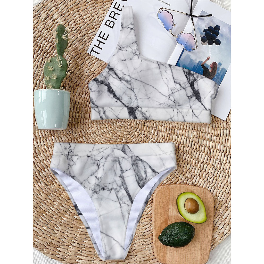 White Gray Scratch Marble Print One Shoulder Bikini Top