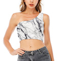 White Gray Scratch Marble Print One Shoulder Crop Top