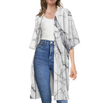 White Gray Scratch Marble Print Open Front Beach Cover Up