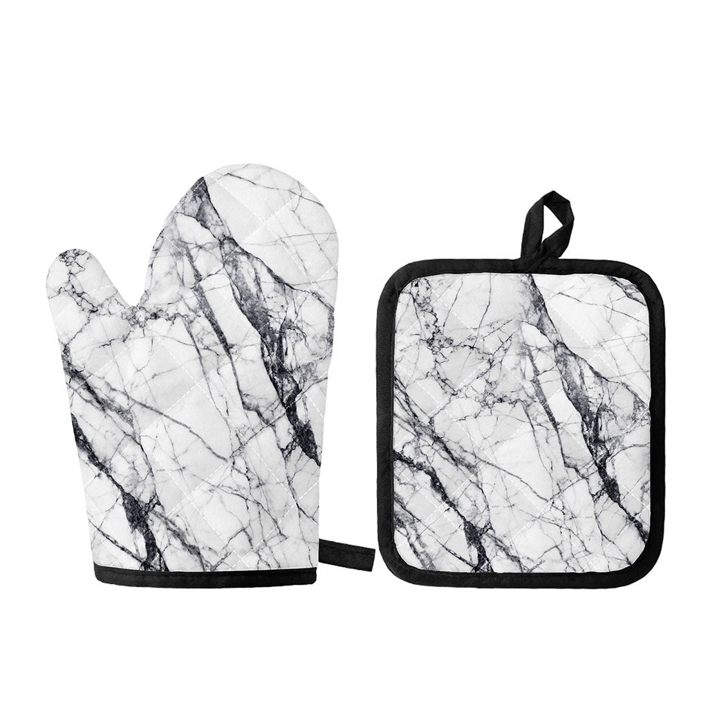 White Gray Scratch Marble Print Oven Mitt And Pot Holder Set
