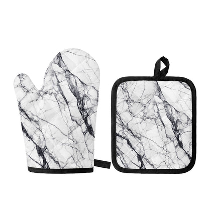 White Gray Scratch Marble Print Oven Mitt And Pot Holder Set