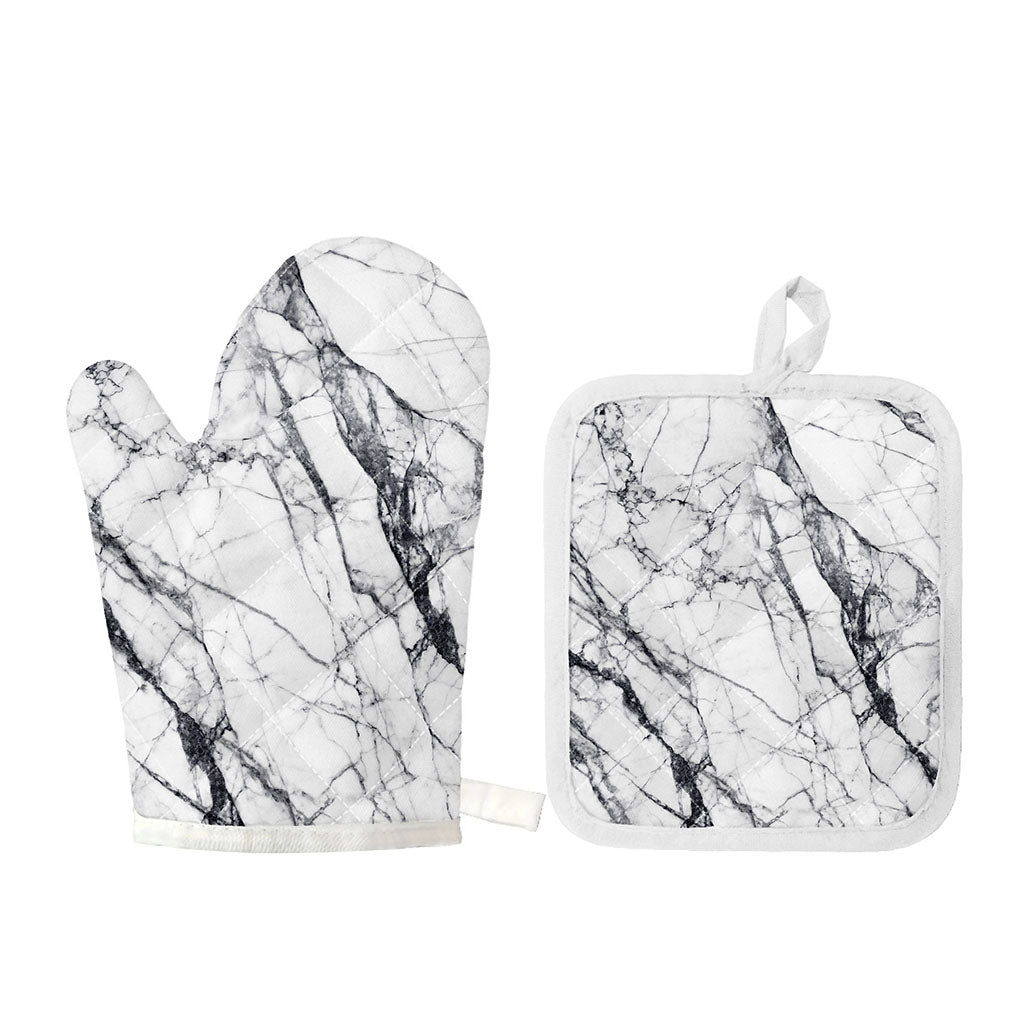 White Gray Scratch Marble Print Oven Mitt And Pot Holder Set
