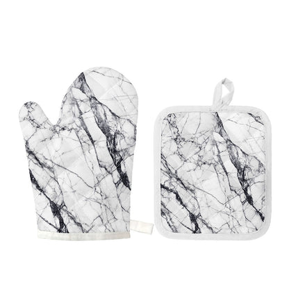 White Gray Scratch Marble Print Oven Mitt And Pot Holder Set