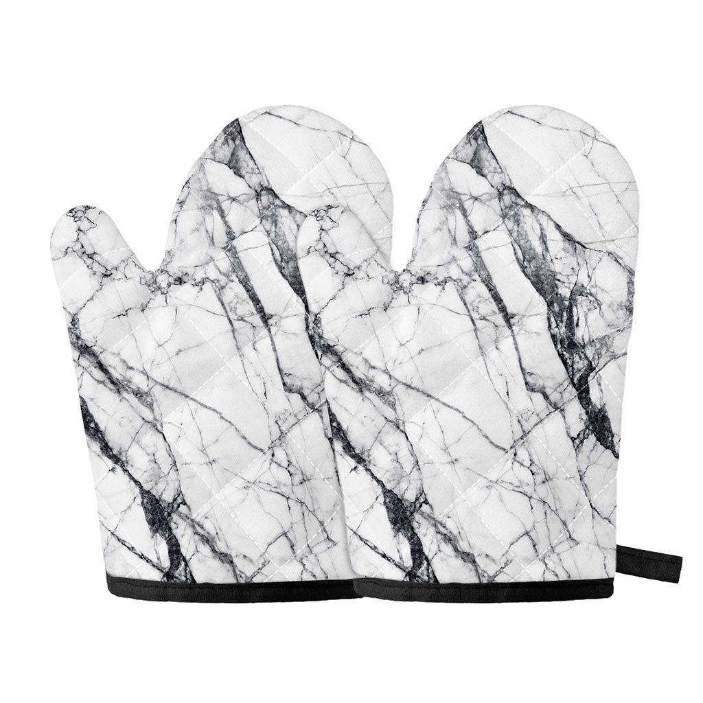 White Gray Scratch Marble Print Oven Mitts