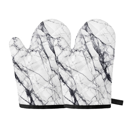 White Gray Scratch Marble Print Oven Mitts