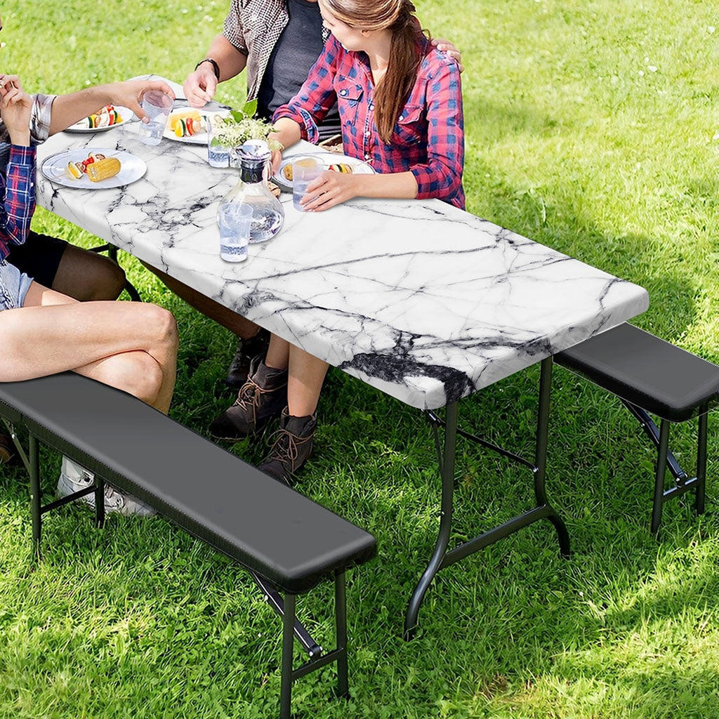 White Gray Scratch Marble Print Picnic Table Cover