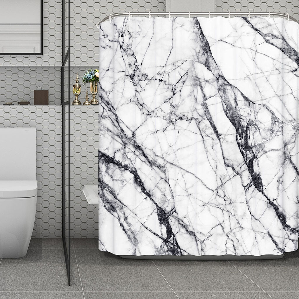 White Gray Scratch Marble Print Polyester Shower Curtain