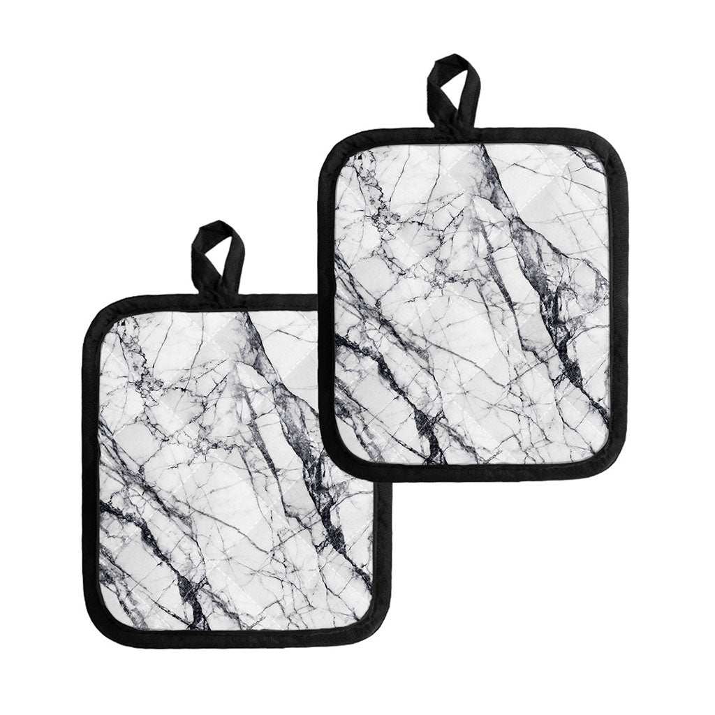 White Gray Scratch Marble Print Pot Holders