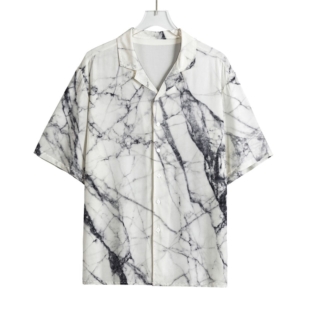 White Gray Scratch Marble Print Rayon Hawaiian Shirt