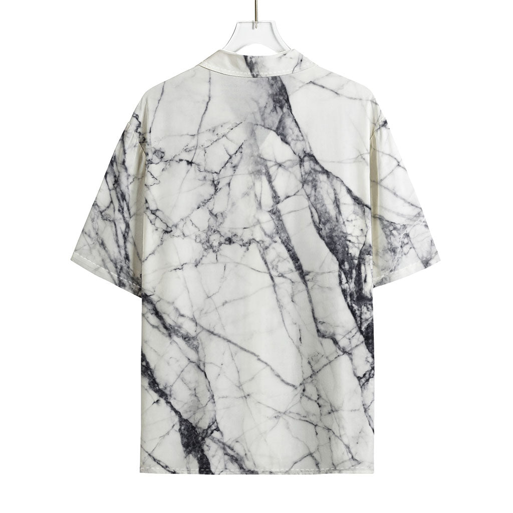 White Gray Scratch Marble Print Rayon Hawaiian Shirt
