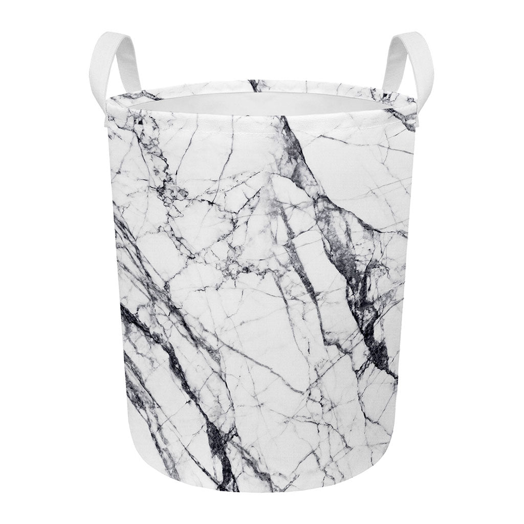 White Gray Scratch Marble Print Round Laundry Basket