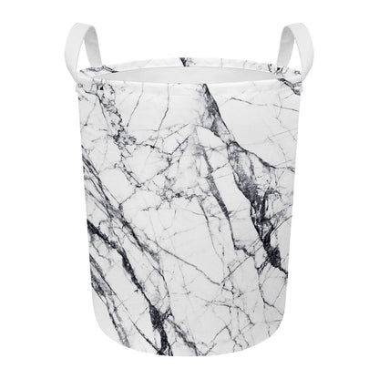 White Gray Scratch Marble Print Round Laundry Basket