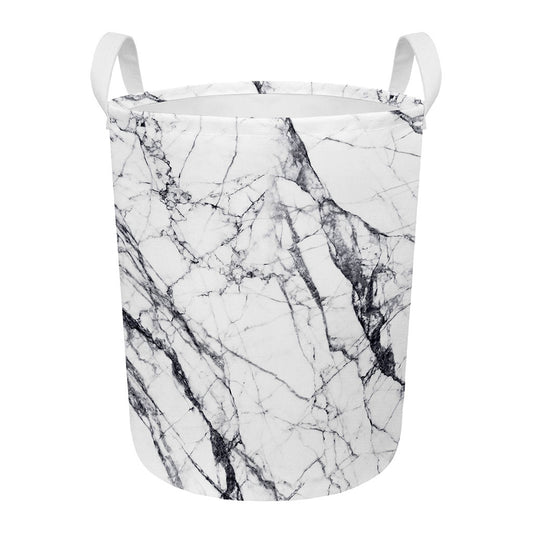 White Gray Scratch Marble Print Round Laundry Basket