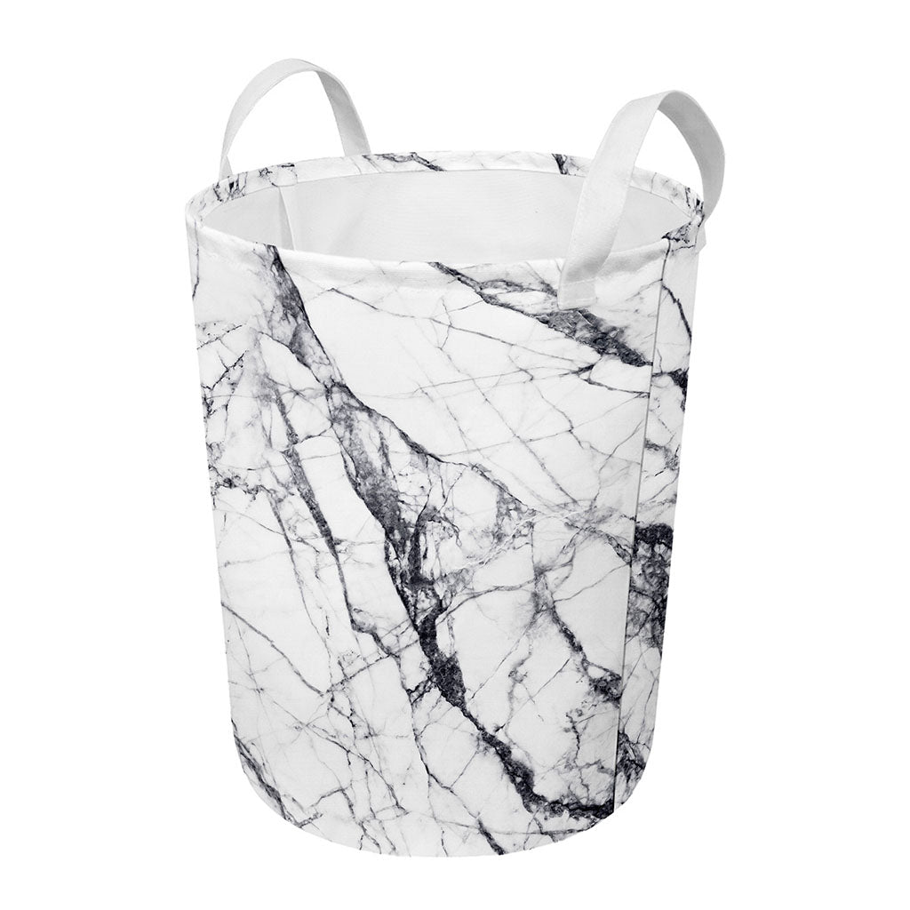 White Gray Scratch Marble Print Round Laundry Basket