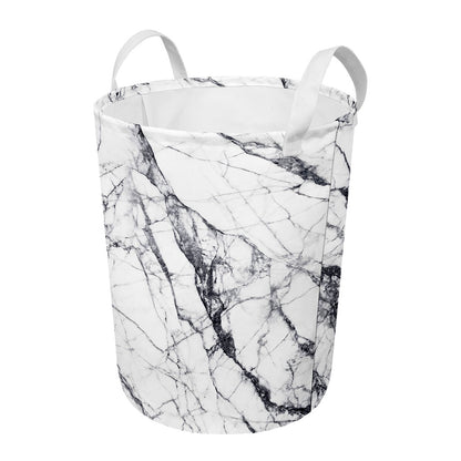 White Gray Scratch Marble Print Round Laundry Basket