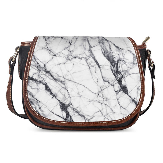 White Gray Scratch Marble Print Saddle Bag