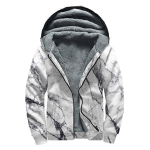 White Gray Scratch Marble Print Sherpa Lined Zip Up Hoodie