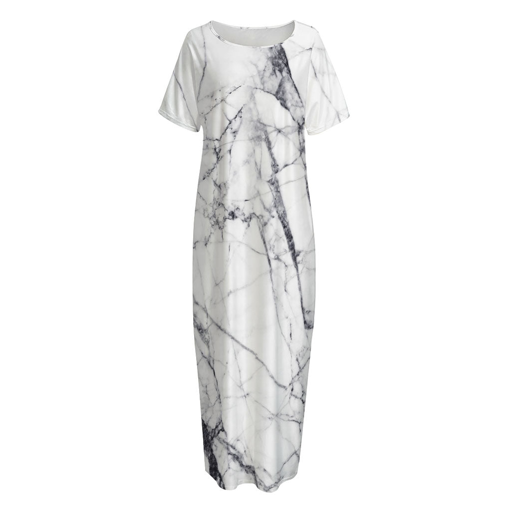 White Gray Scratch Marble Print Short Sleeve Long Nightdress