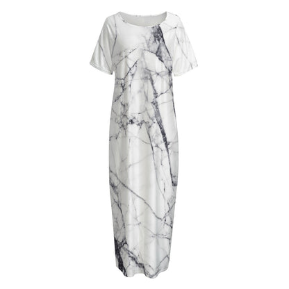 White Gray Scratch Marble Print Short Sleeve Long Nightdress