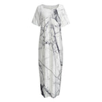 White Gray Scratch Marble Print Short Sleeve Long Nightdress