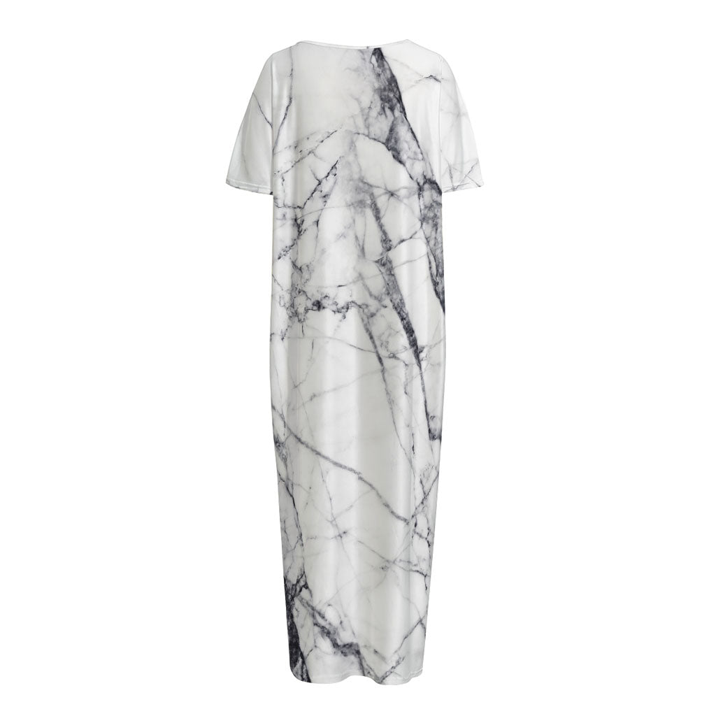 White Gray Scratch Marble Print Short Sleeve Long Nightdress