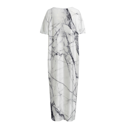 White Gray Scratch Marble Print Short Sleeve Long Nightdress