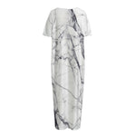 White Gray Scratch Marble Print Short Sleeve Long Nightdress
