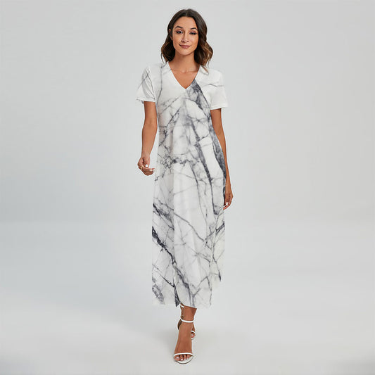White Gray Scratch Marble Print Short Sleeve Maxi Dress