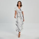 White Gray Scratch Marble Print Short Sleeve Maxi Dress