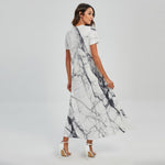 White Gray Scratch Marble Print Short Sleeve Maxi Dress