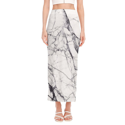 White Gray Scratch Marble Print Side Slit Maxi Skirt