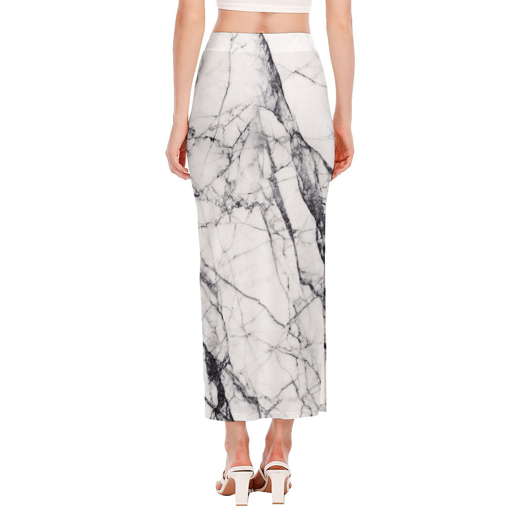 White Gray Scratch Marble Print Side Slit Maxi Skirt