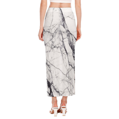 White Gray Scratch Marble Print Side Slit Maxi Skirt
