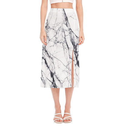 White Gray Scratch Marble Print Side Slit Midi Skirt