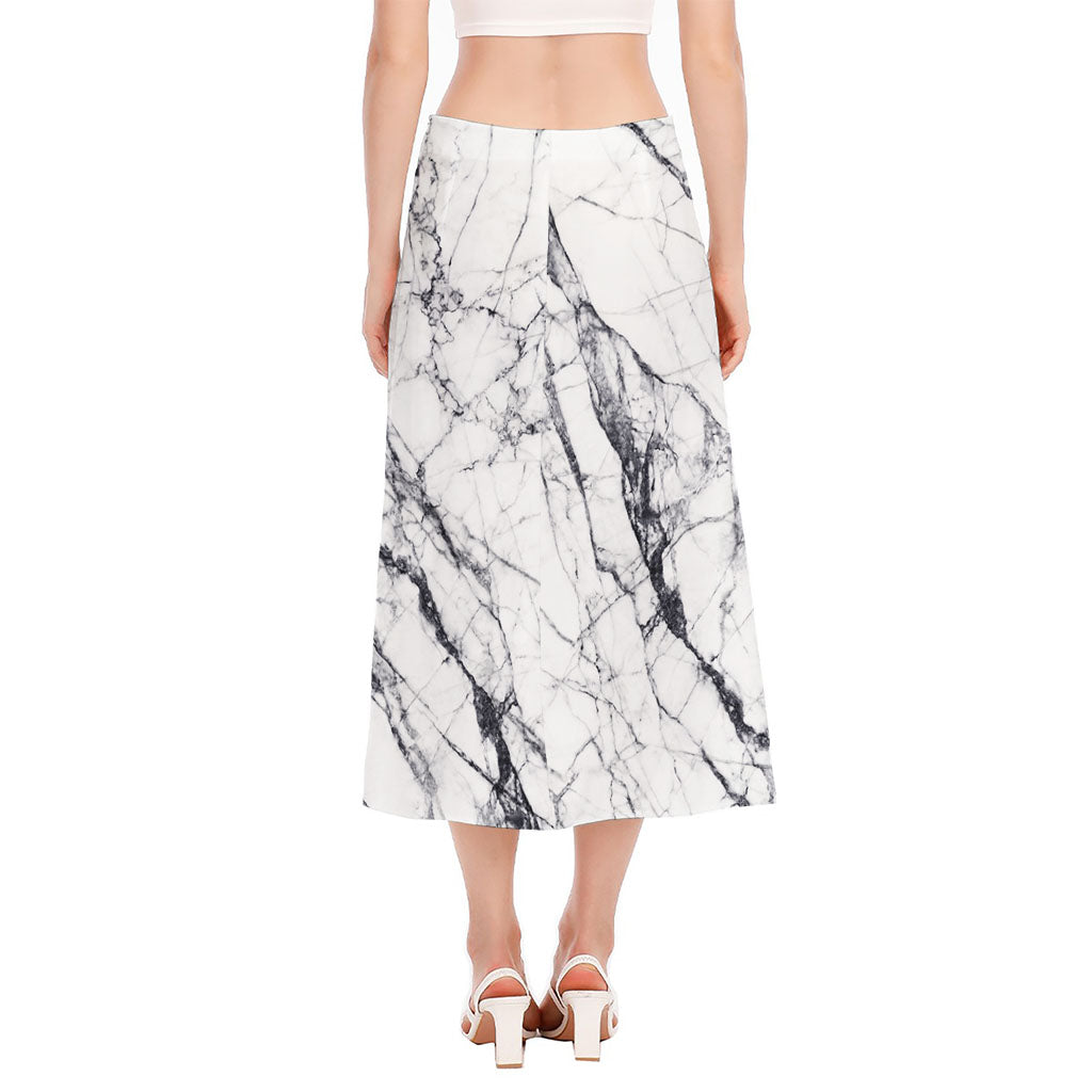 White Gray Scratch Marble Print Side Slit Midi Skirt