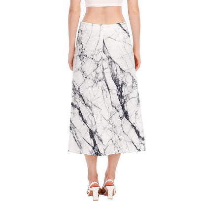 White Gray Scratch Marble Print Side Slit Midi Skirt