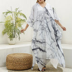 White Gray Scratch Marble Print Silk V-Neck Kaftan Dress