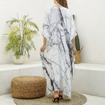 White Gray Scratch Marble Print Silk V-Neck Kaftan Dress