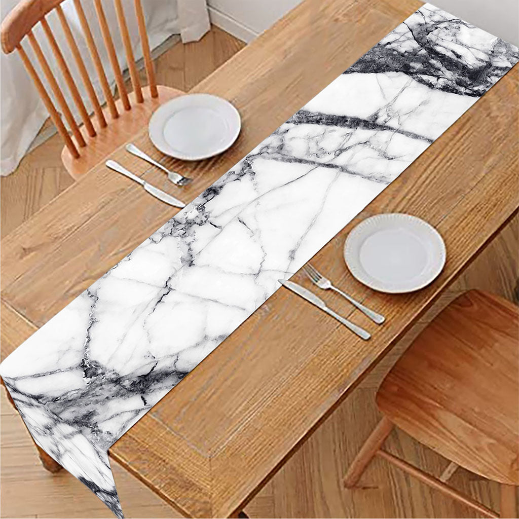 White Gray Scratch Marble Print Table Runner