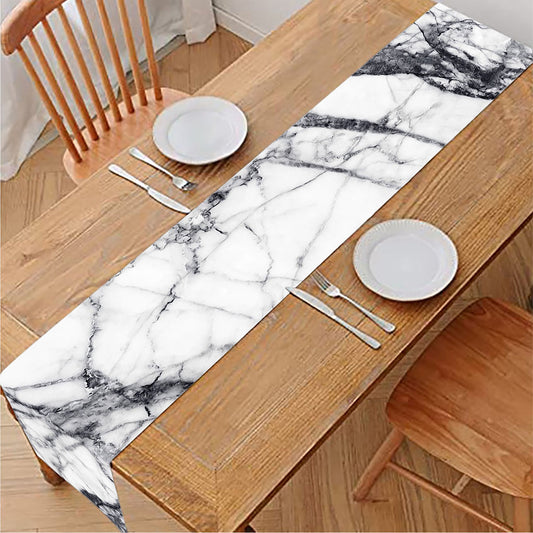 White Gray Scratch Marble Print Table Runner