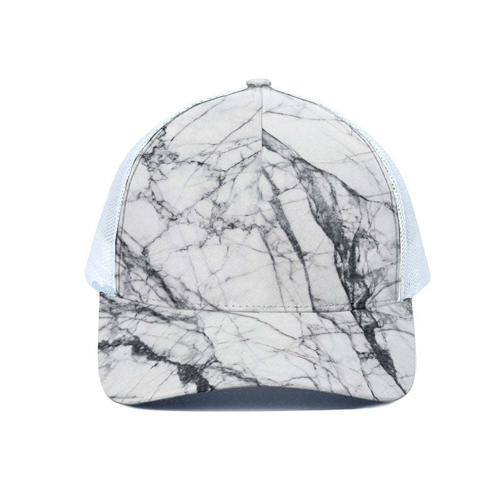 White Gray Scratch Marble Print White Mesh Trucker Cap