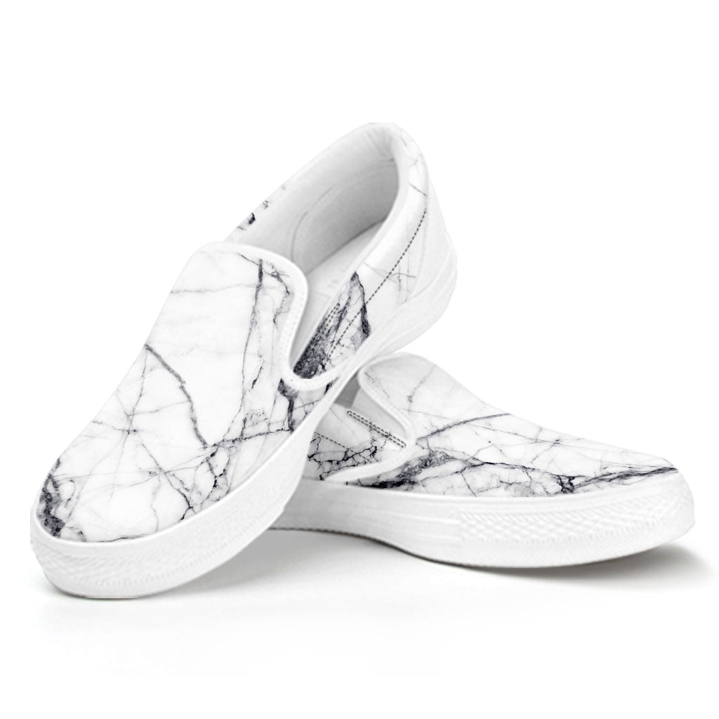 White Gray Scratch Marble Print White Slip On Sneakers