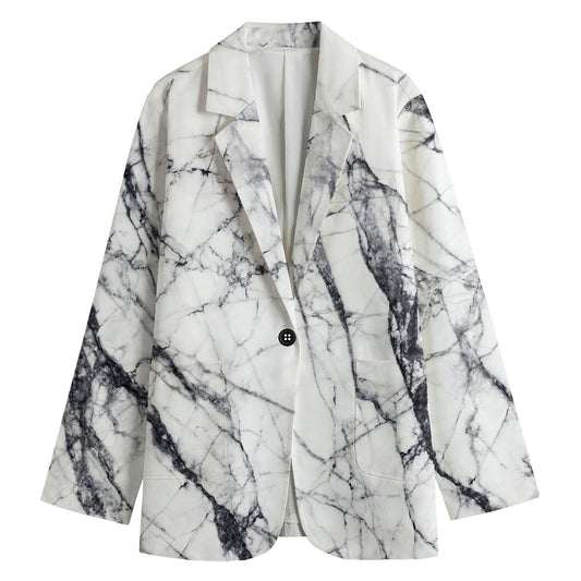 White Gray Scratch Marble Print Women's Blazer