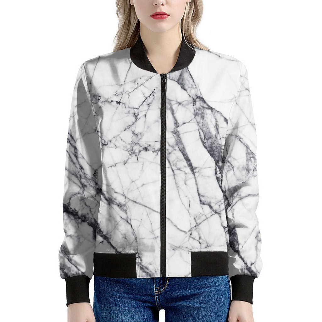 White Gray Scratch Marble Print Women's Bomber Jacket